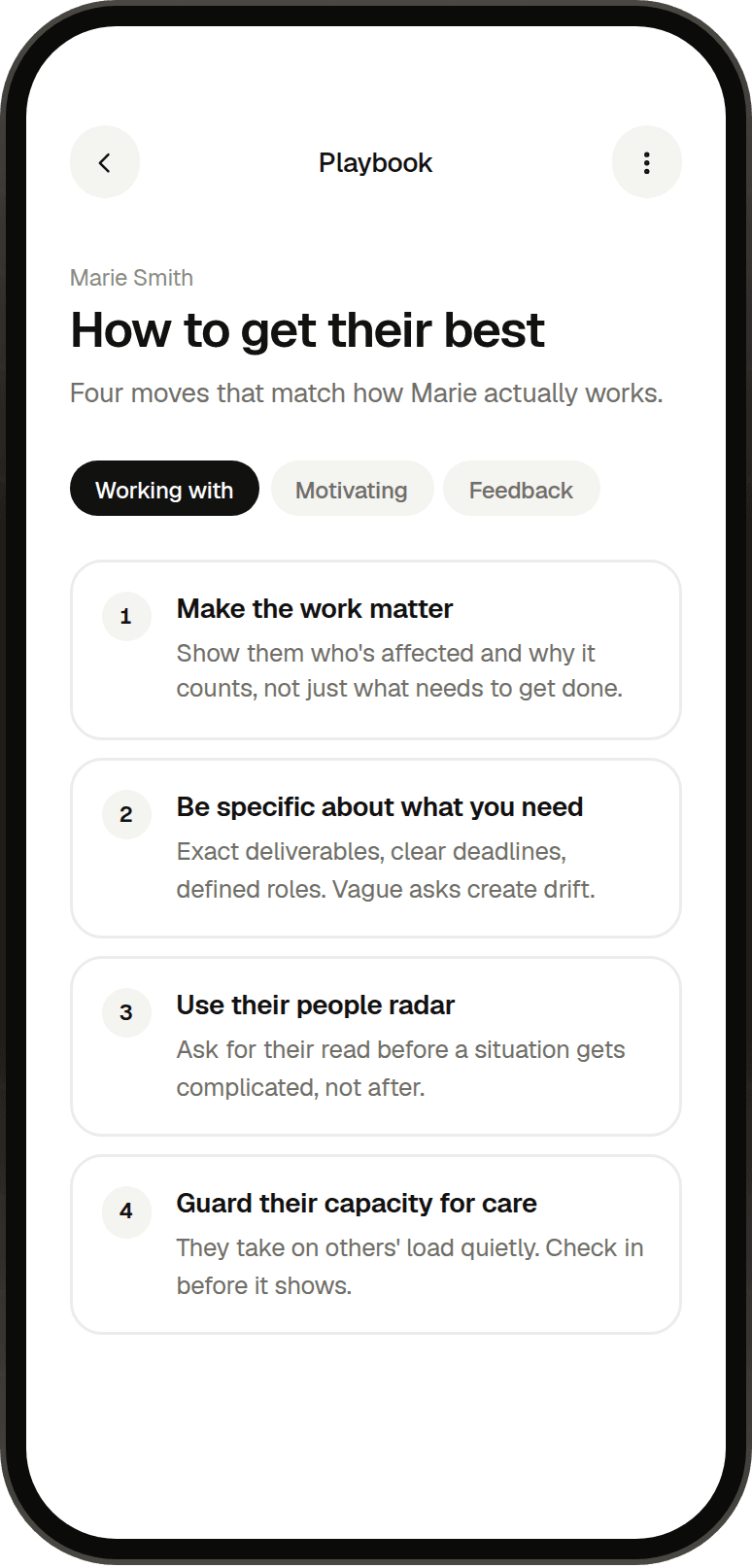 Example playbook showing how to support and work with Marie Smith